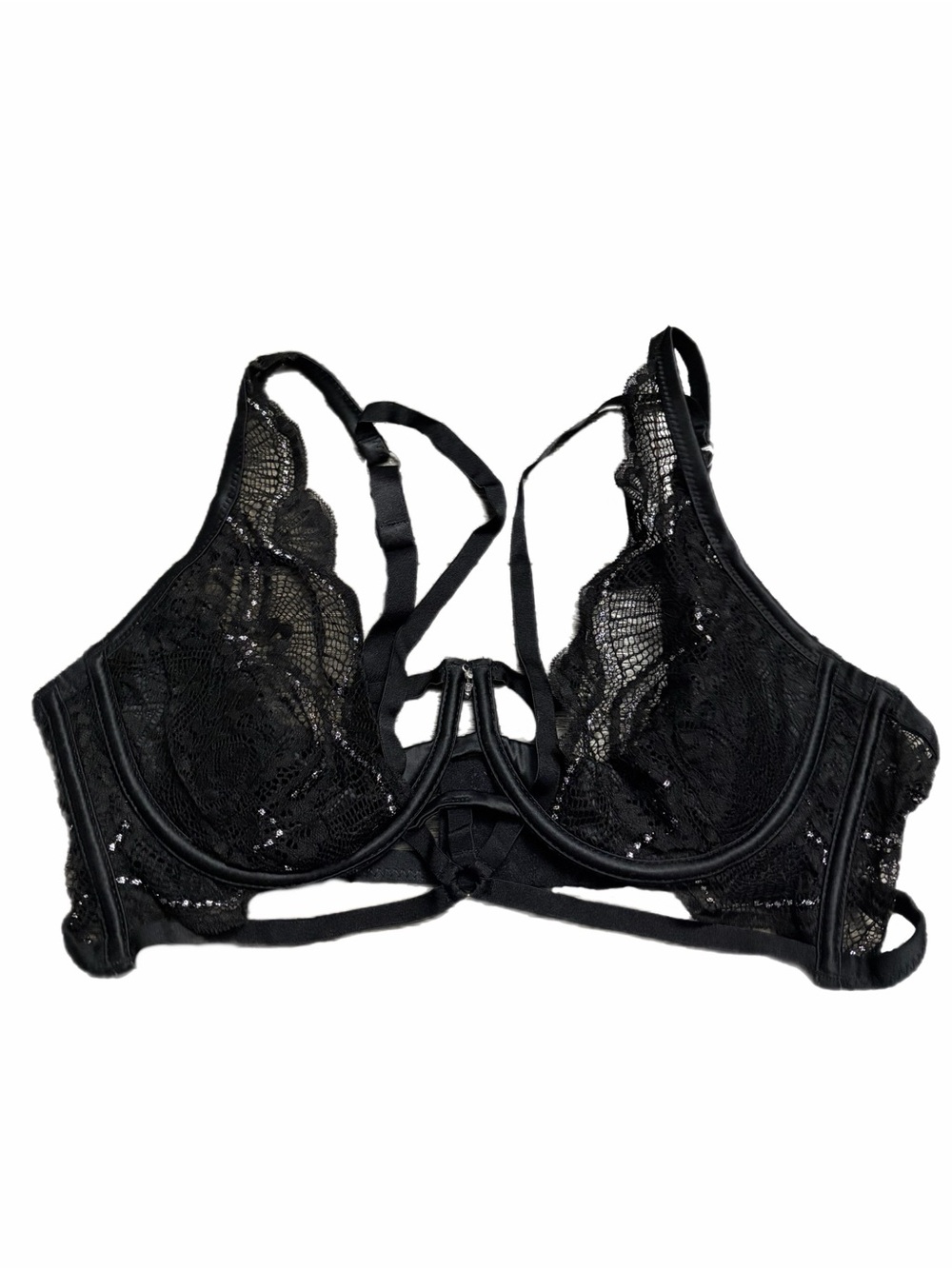 90s/Y2K European Vintage Floral Lace Unlined Cage Rhinestone Strappy Bra 36C/D